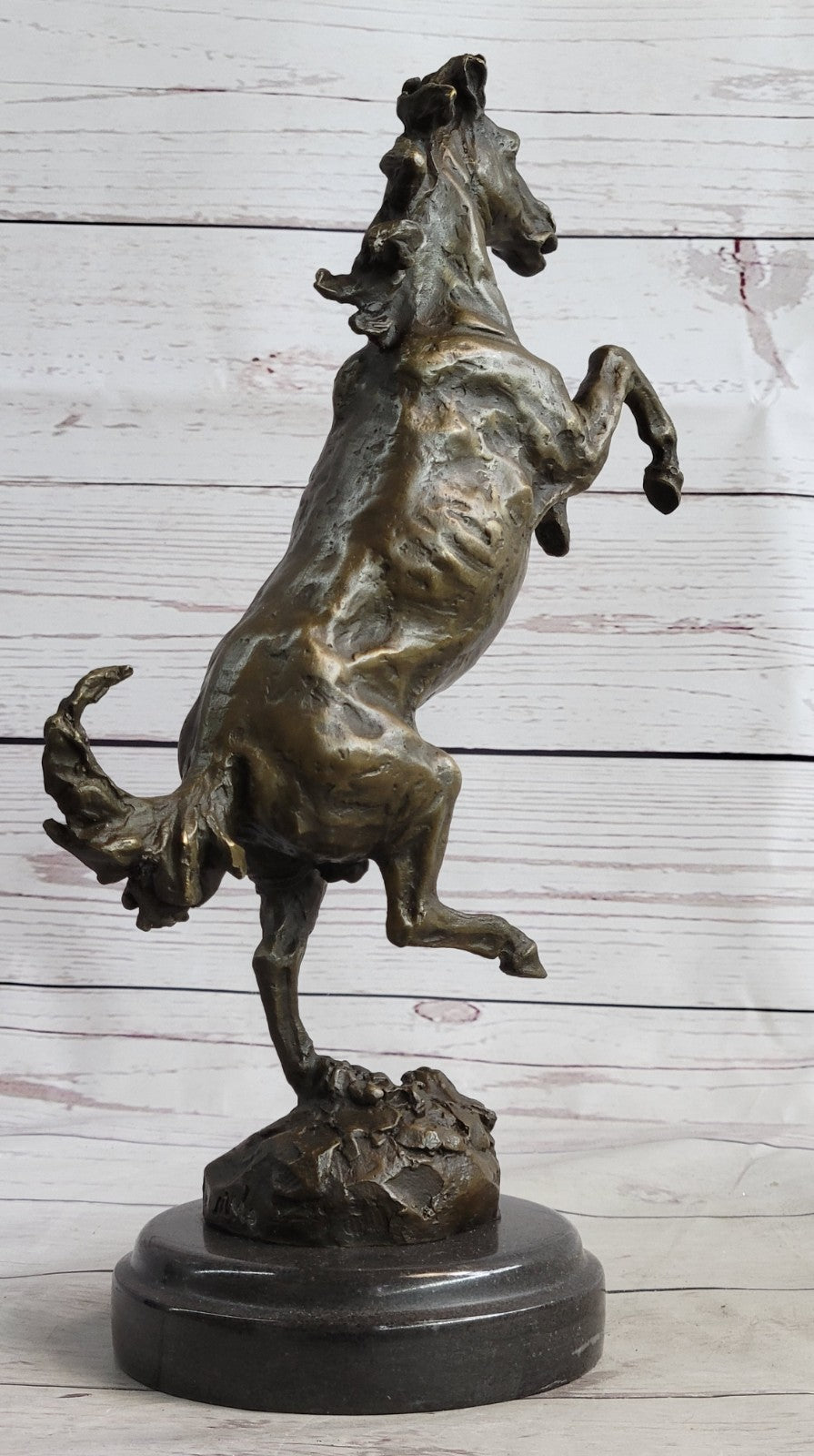 Signed Art Deco Rearing Horse Bronze Sculpture Marble Base Statue Lost Wax