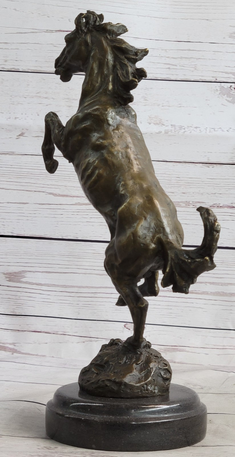 Signed Art Deco Rearing Horse Bronze Sculpture Marble Base Statue Lost Wax