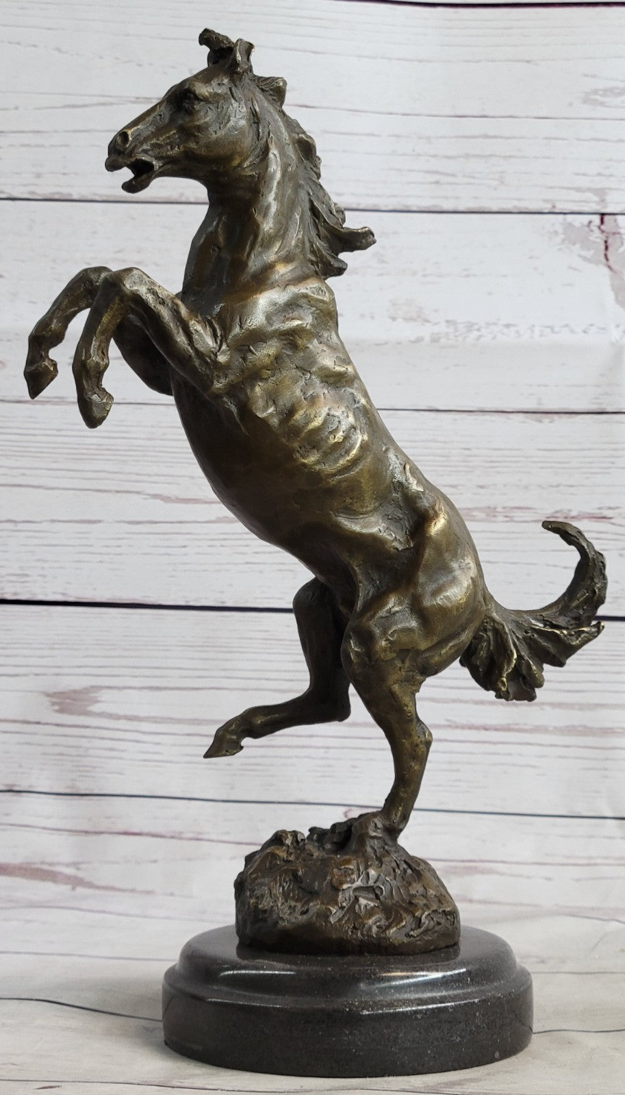 Signed Art Deco Rearing Horse Bronze Sculpture Marble Base Statue Lost Wax