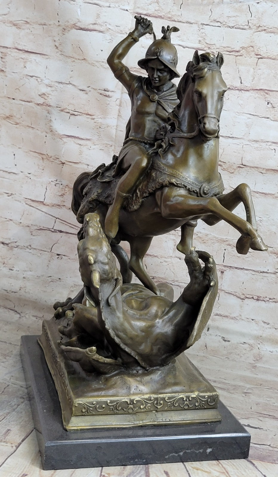 Signed Saint George killing Dragon Bronze Sculpture Art Statue Figurine Figure