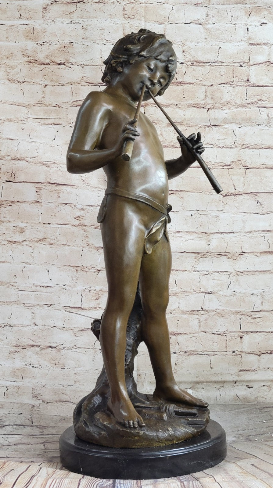 Hand Made Genuine Heavy Solid Bronze Boy playing Flute Bronze Sculpture Sale