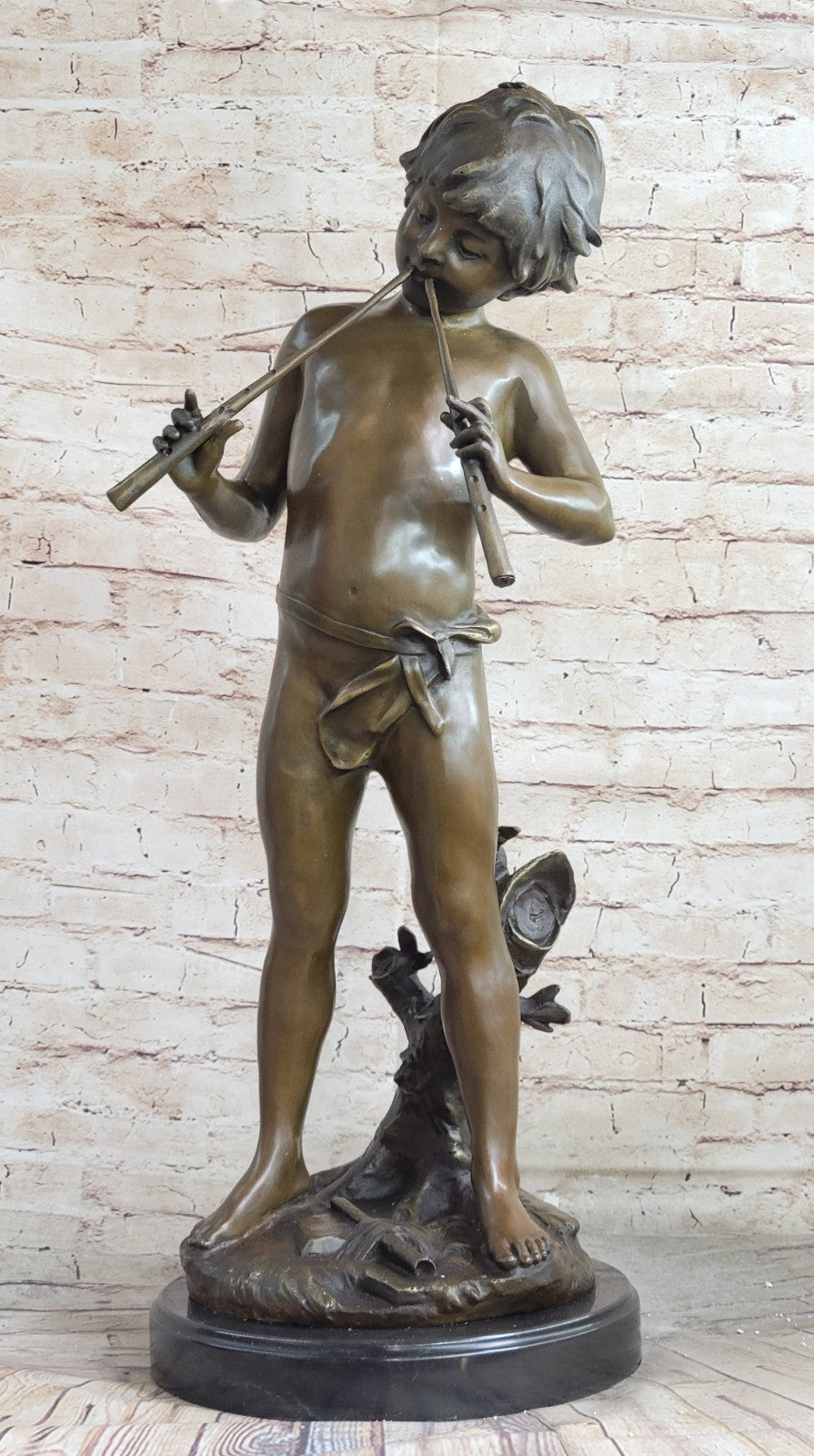 Hand Made Genuine Heavy Solid Bronze Boy playing Flute Bronze Sculpture Sale