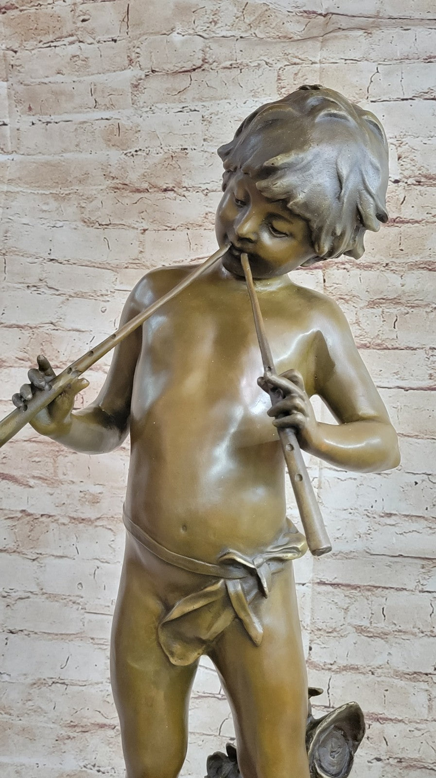 Hand Made Genuine Heavy Solid Bronze Boy playing Flute Bronze Sculpture Sale