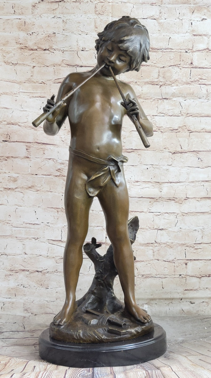 Hand Made Genuine Heavy Solid Bronze Boy playing Flute Bronze Sculpture Sale