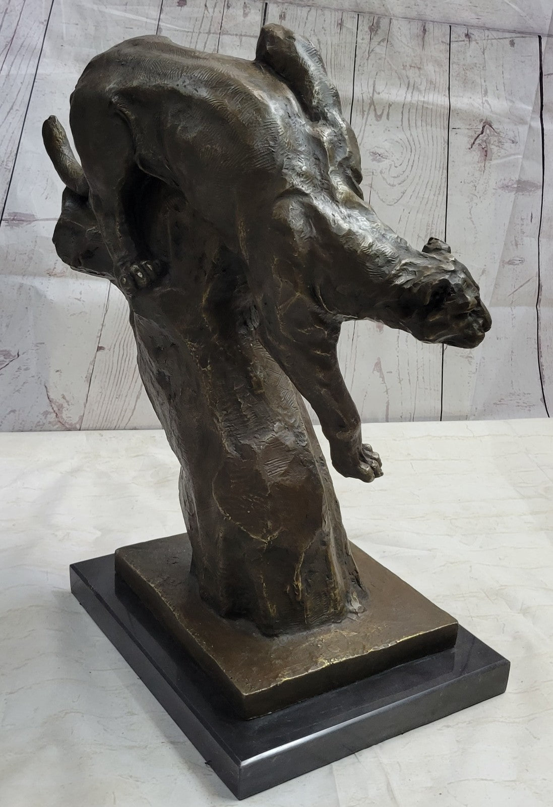 Hand Made Massive Cougar on a tree Stump Bronze Sculpture Home Cabin Decor