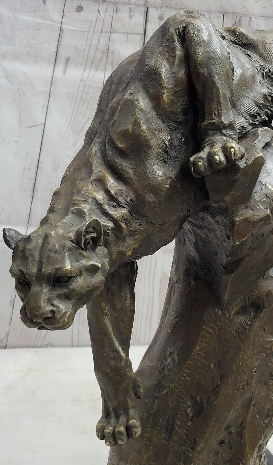Hand Made Massive Cougar on a tree Stump Bronze Sculpture Home Cabin Decor