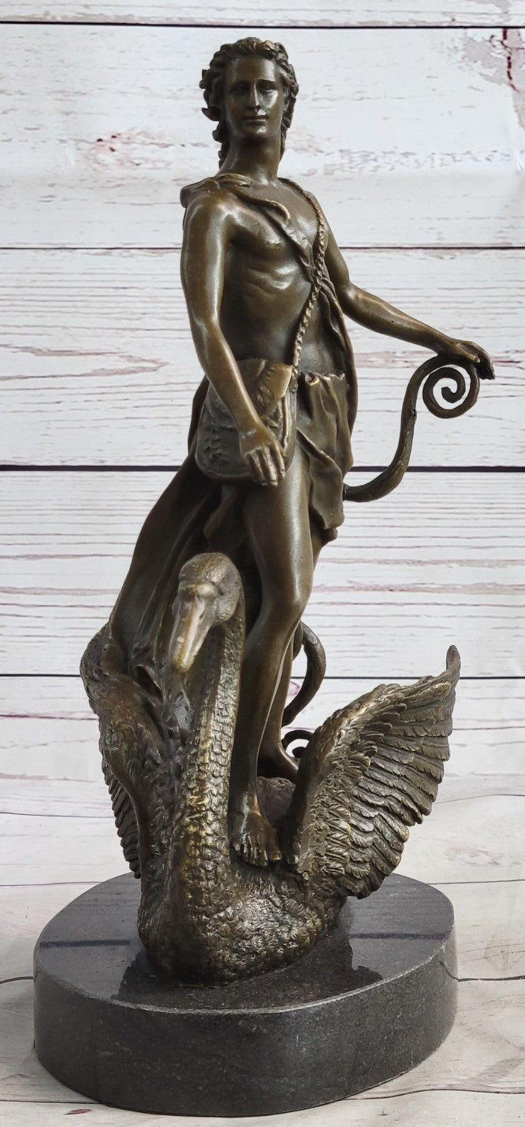 Signed M.Lopez Leda and the Swan Bronze Marble Statue Mythical Greek Sculpture NR