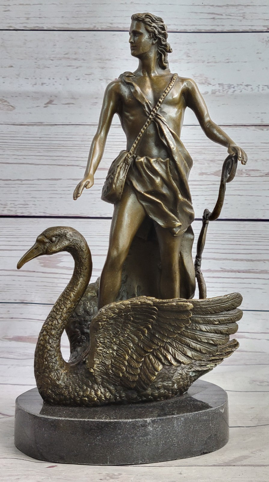 Signed M.Lopez Leda and the Swan Bronze Marble Statue Mythical Greek Sculpture NR