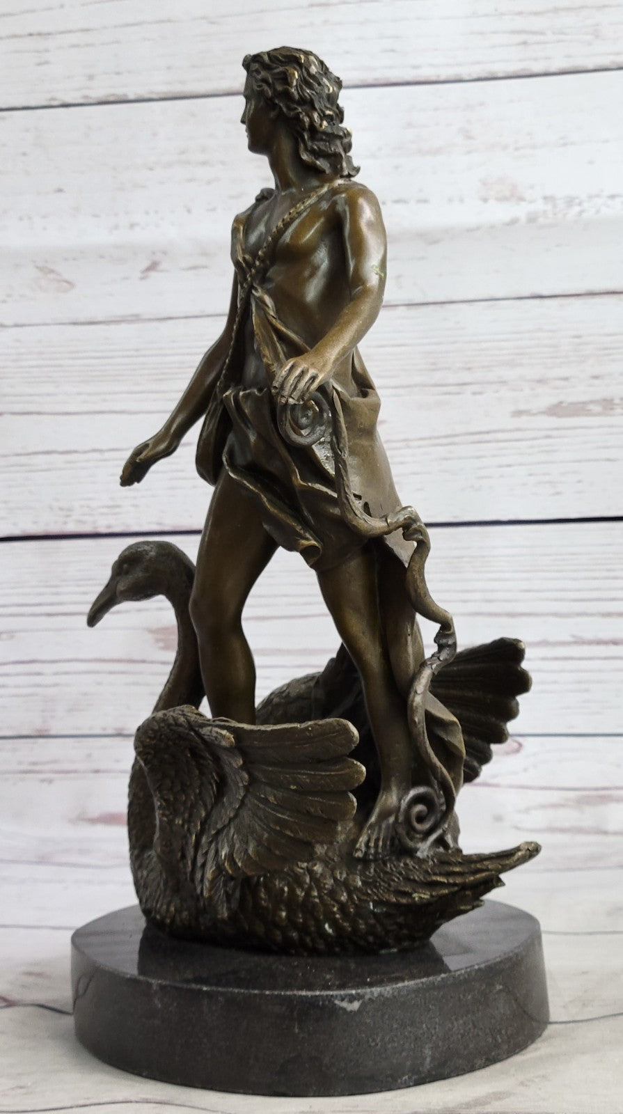 Signed M.Lopez Leda and the Swan Bronze Marble Statue Mythical Greek Sculpture NR