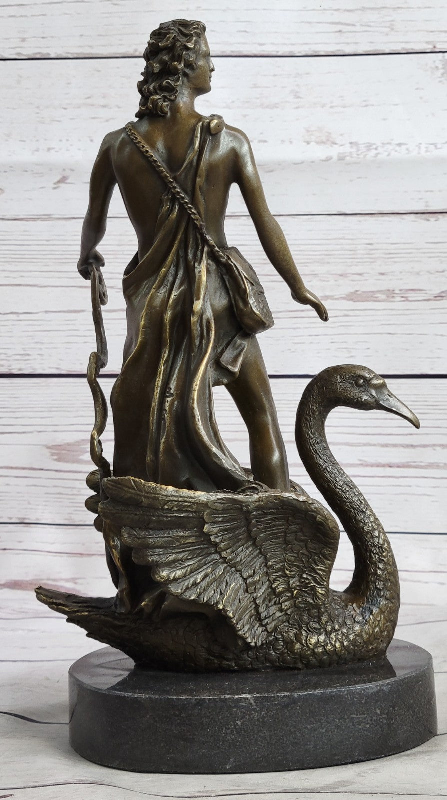 Signed M.Lopez Leda and the Swan Bronze Marble Statue Mythical Greek Sculpture NR