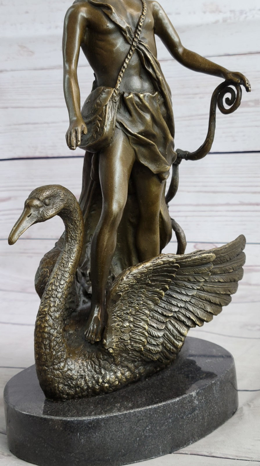 Signed M.Lopez Leda and the Swan Bronze Marble Statue Mythical Greek Sculpture NR