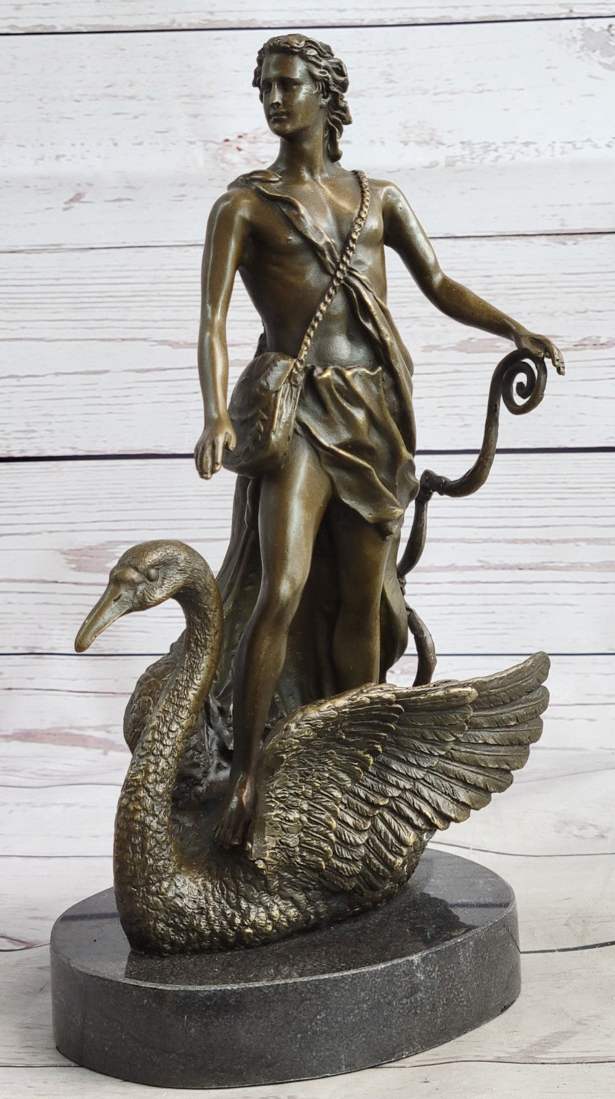 Signed M.Lopez Leda and the Swan Bronze Marble Statue Mythical Greek Sculpture NR