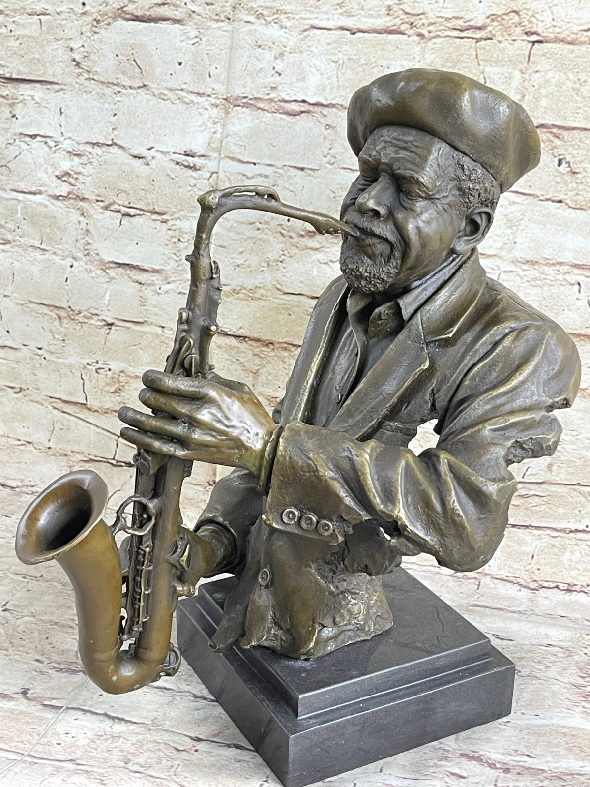 Vintage Brutalist Cast Bronze Sculpture Jazz Saxophone Player Figure Mid Century