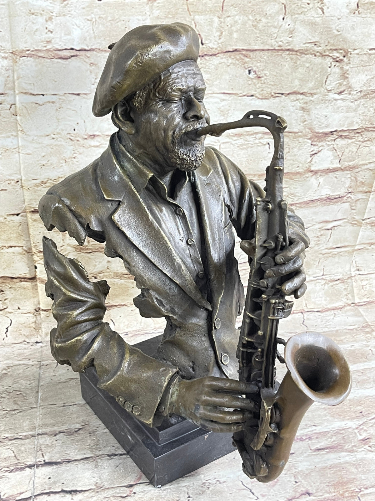 Vintage Brutalist Cast Bronze Sculpture Jazz Saxophone Player Figure Mid Century