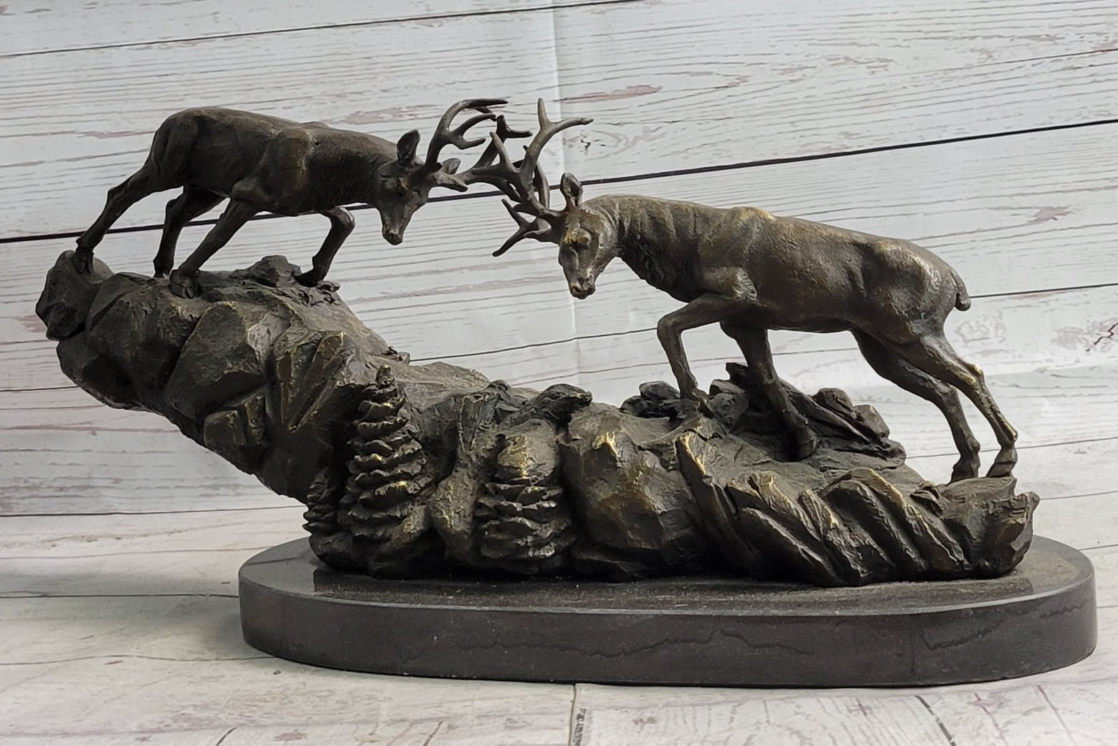 Rutting Stags, Real Bronze Sculpture on a solid marble base. Art, Gift.