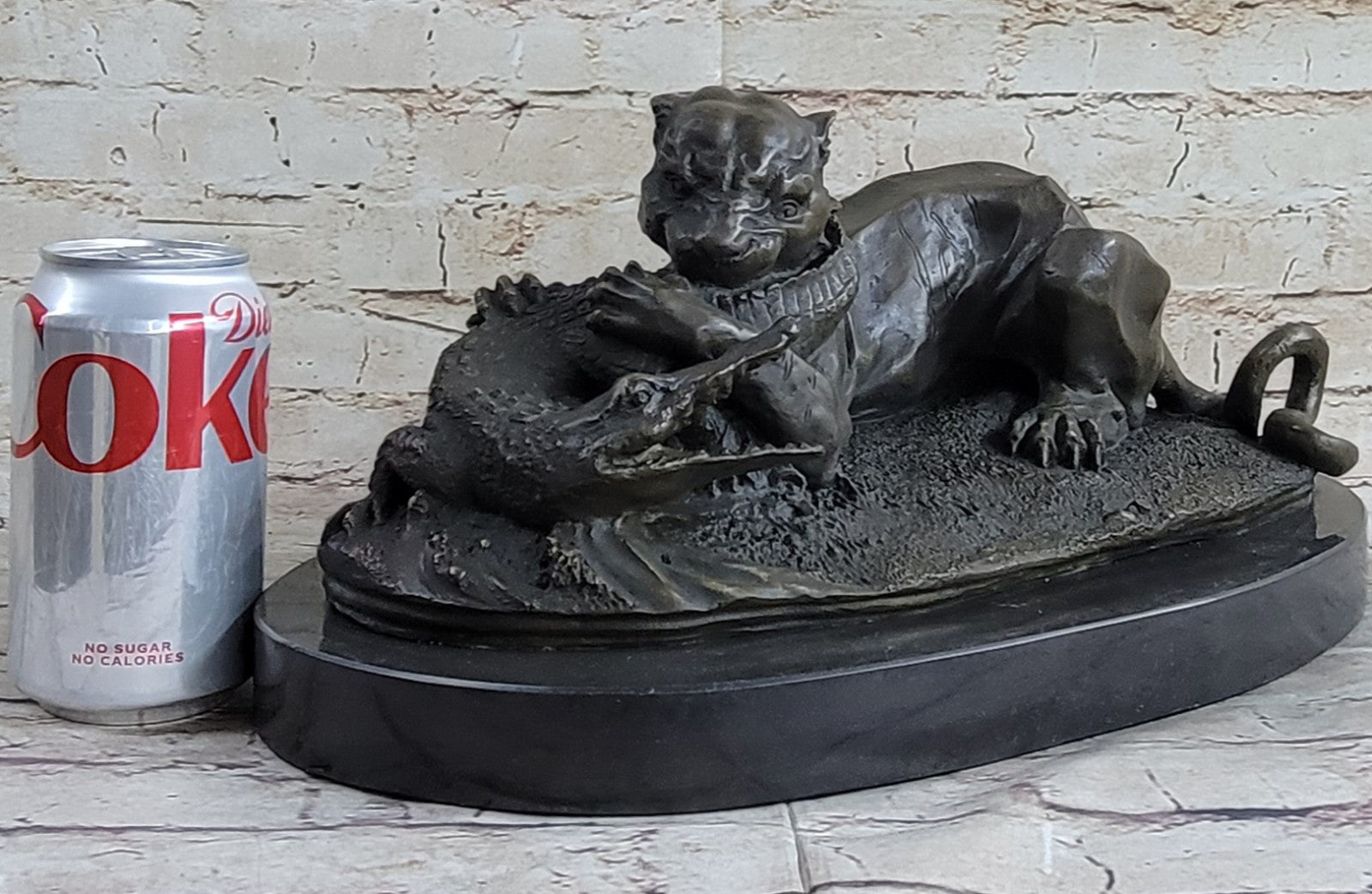 Bronze Sculpture Animal Wildlife Masterpiece Lion and Crocodile Home Decor Sale