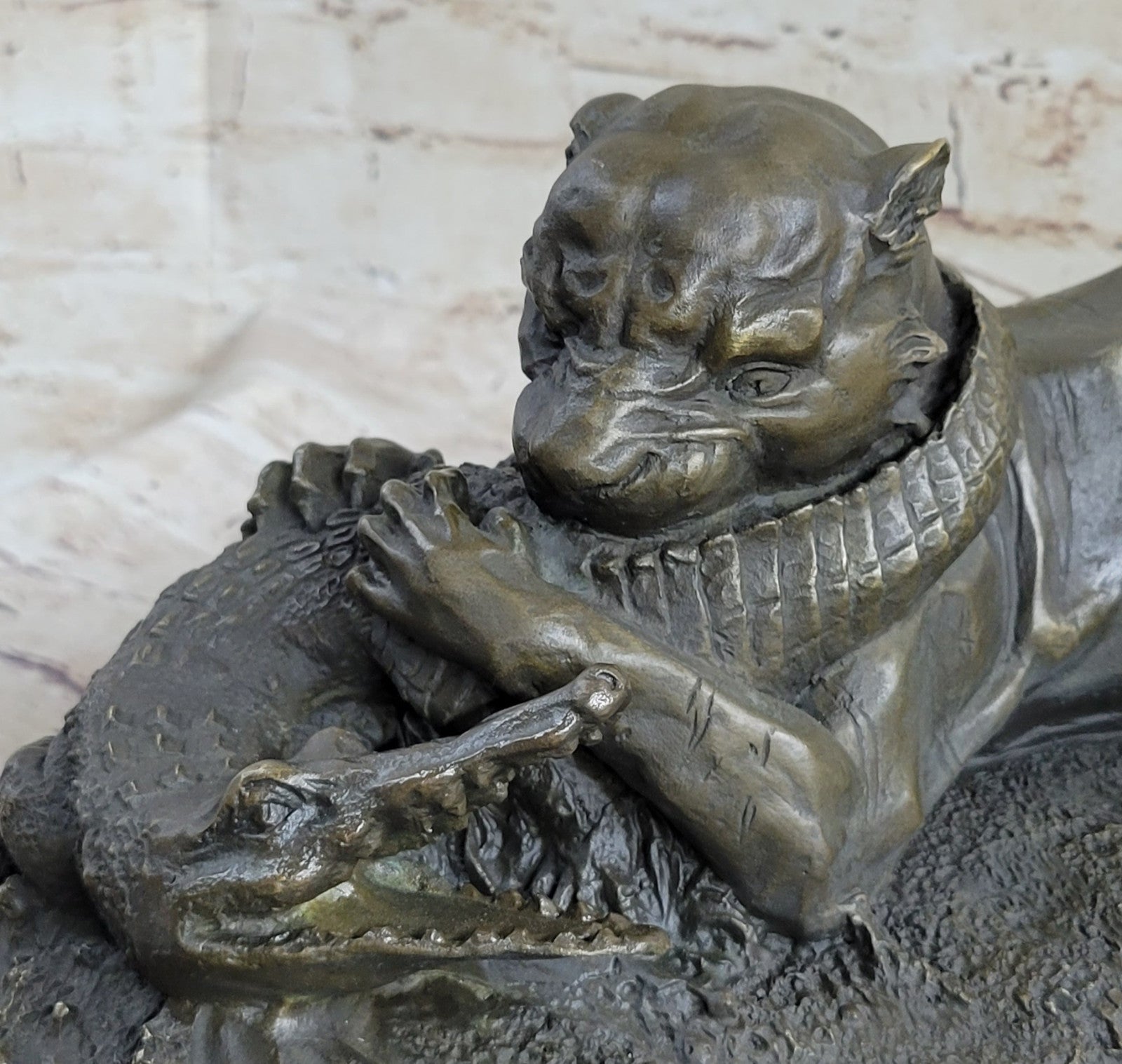 Bronze Sculpture Animal Wildlife Masterpiece Lion and Crocodile Home Decor Sale