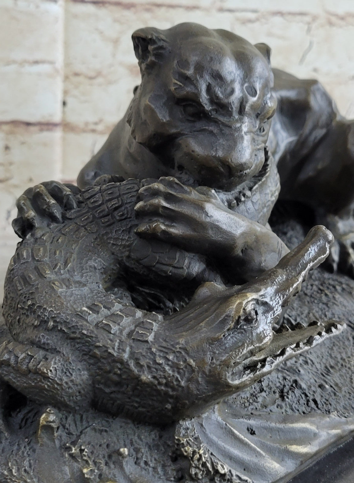 Bronze Sculpture Animal Wildlife Masterpiece Lion and Crocodile Home Decor Sale