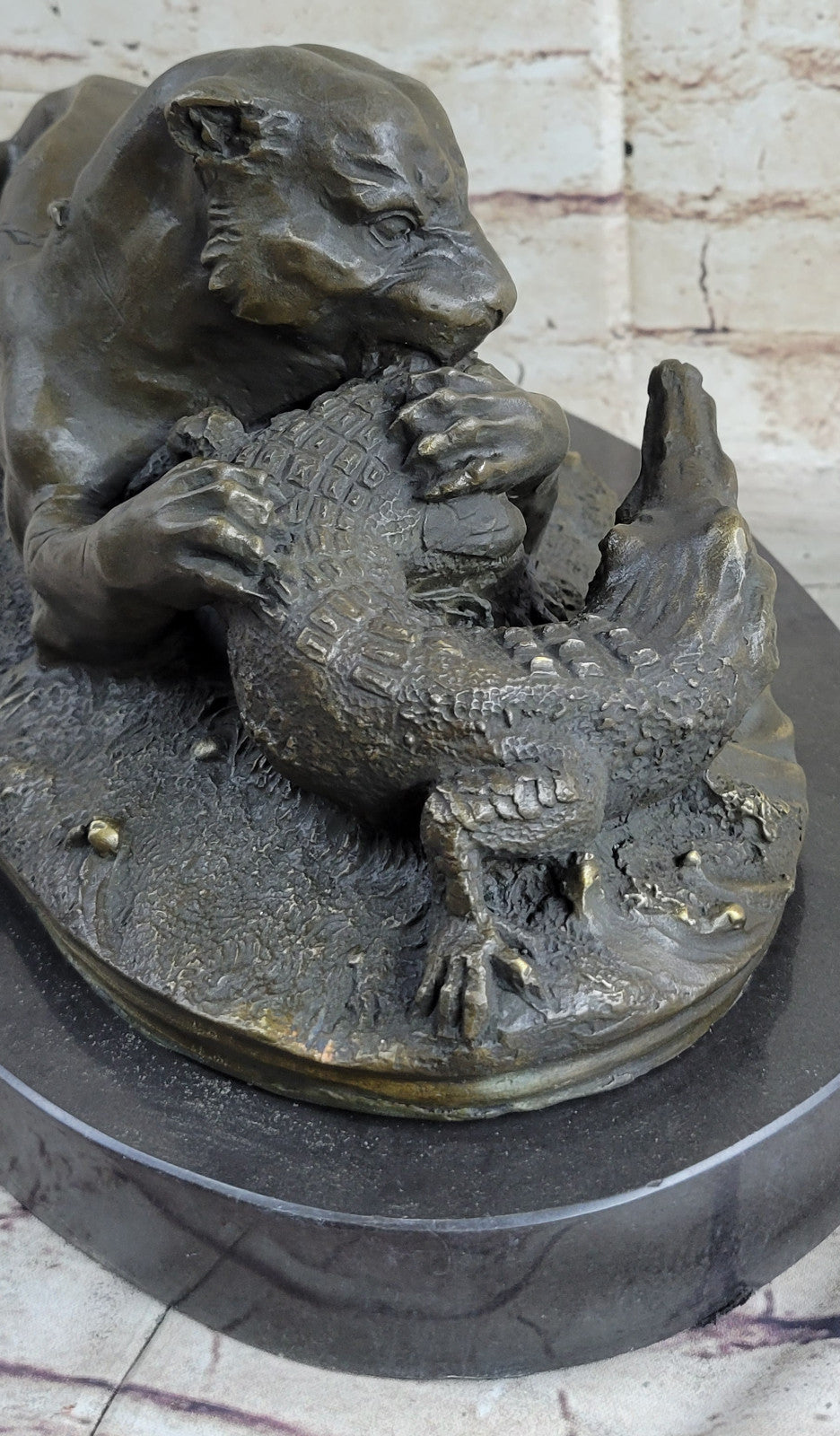 Bronze Sculpture Animal Wildlife Masterpiece Lion and Crocodile Home Decor Sale