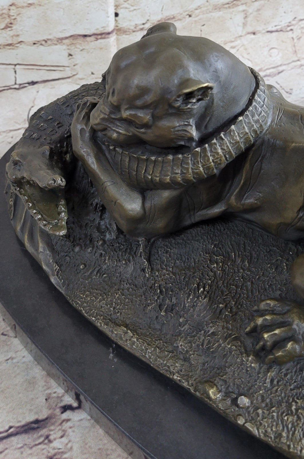 Bronze Sculpture Animal Wildlife Masterpiece Lion and Crocodile Home Decor Sale