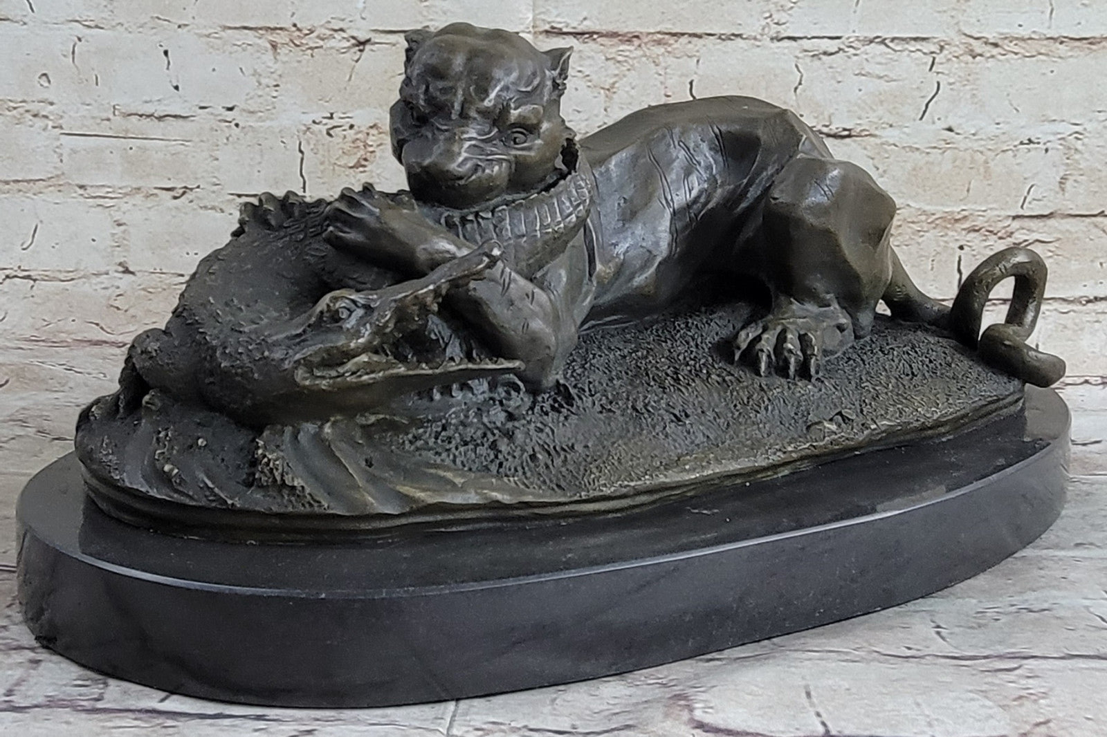 Bronze Sculpture Animal Wildlife Masterpiece Lion and Crocodile Home Decor Sale