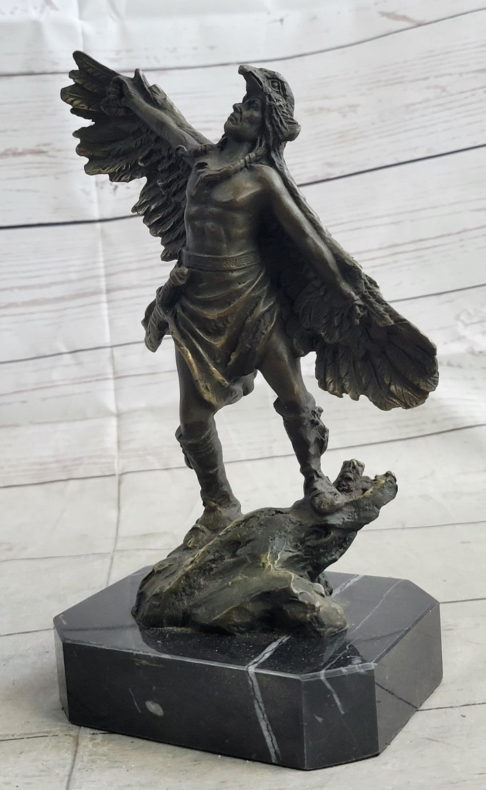 Genuine Bronze Statue Marble Base American Indian Chief Buffalo Headdress Decor