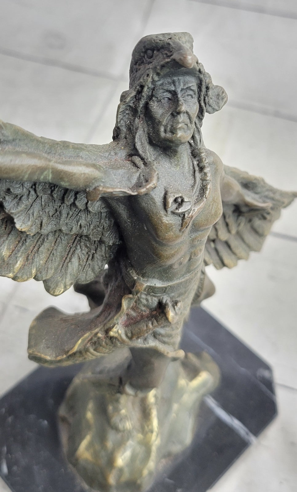 Genuine Bronze Statue Marble Base American Indian Chief Buffalo Headdress Decor