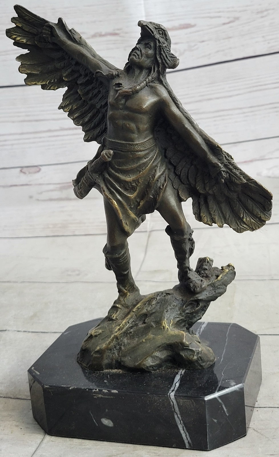 Genuine Bronze Statue Marble Base American Indian Chief Buffalo Headdress Decor