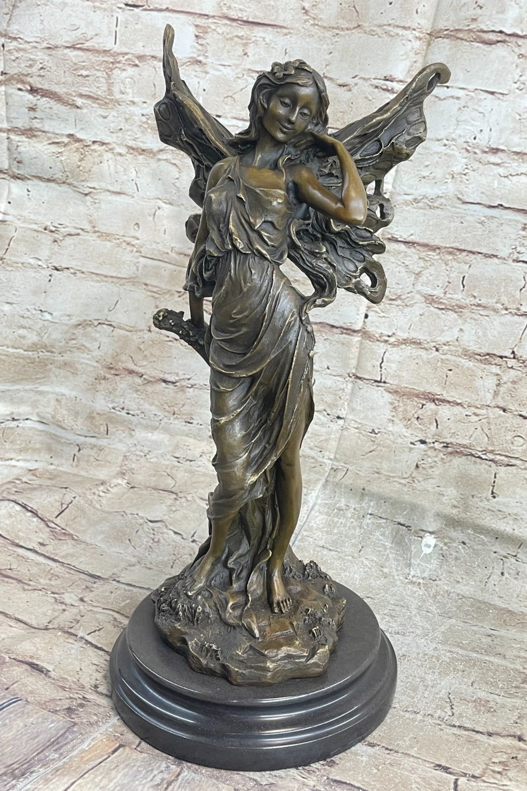 Art Deco Magical Fairy with Wings Gilt Bronze Sculpture Marble Base Statue SALE