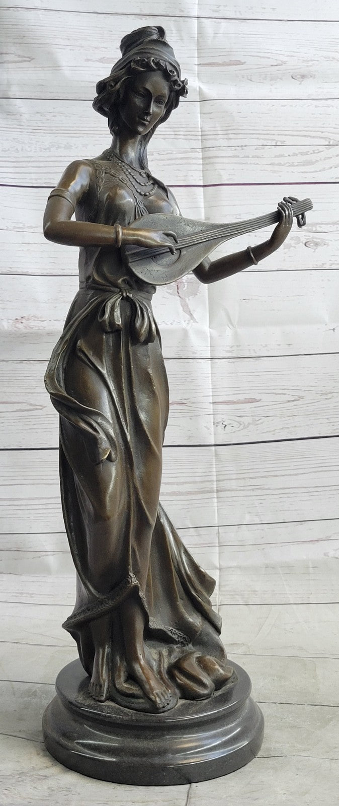 Jean Patoue`s Masterpiece: Handmade Bronze Statue of a Female Banjo Player