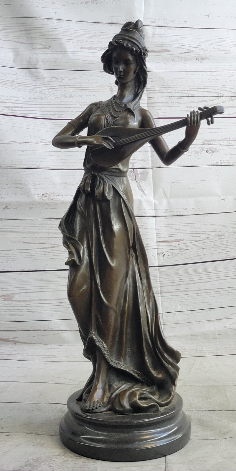 Jean Patoue`s Masterpiece: Handmade Bronze Statue of a Female Banjo Player