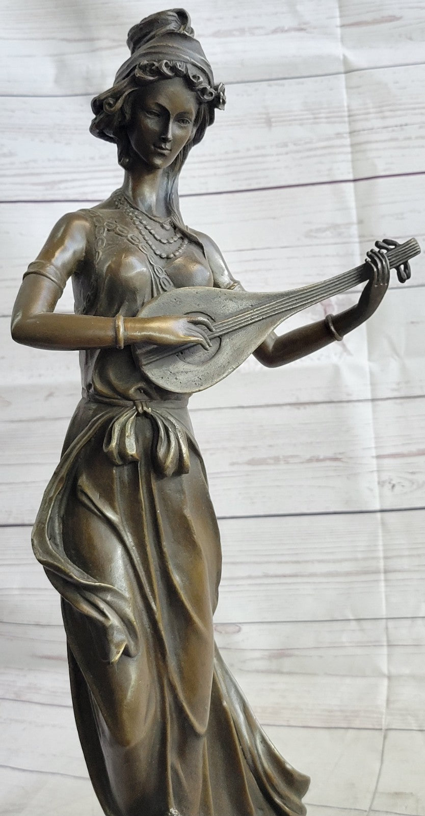 Jean Patoue`s Masterpiece: Handmade Bronze Statue of a Female Banjo Player