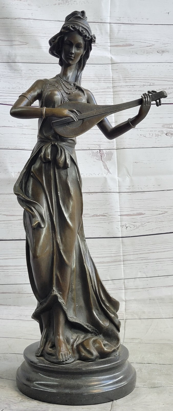 Jean Patoue`s Masterpiece: Handmade Bronze Statue of a Female Banjo Player