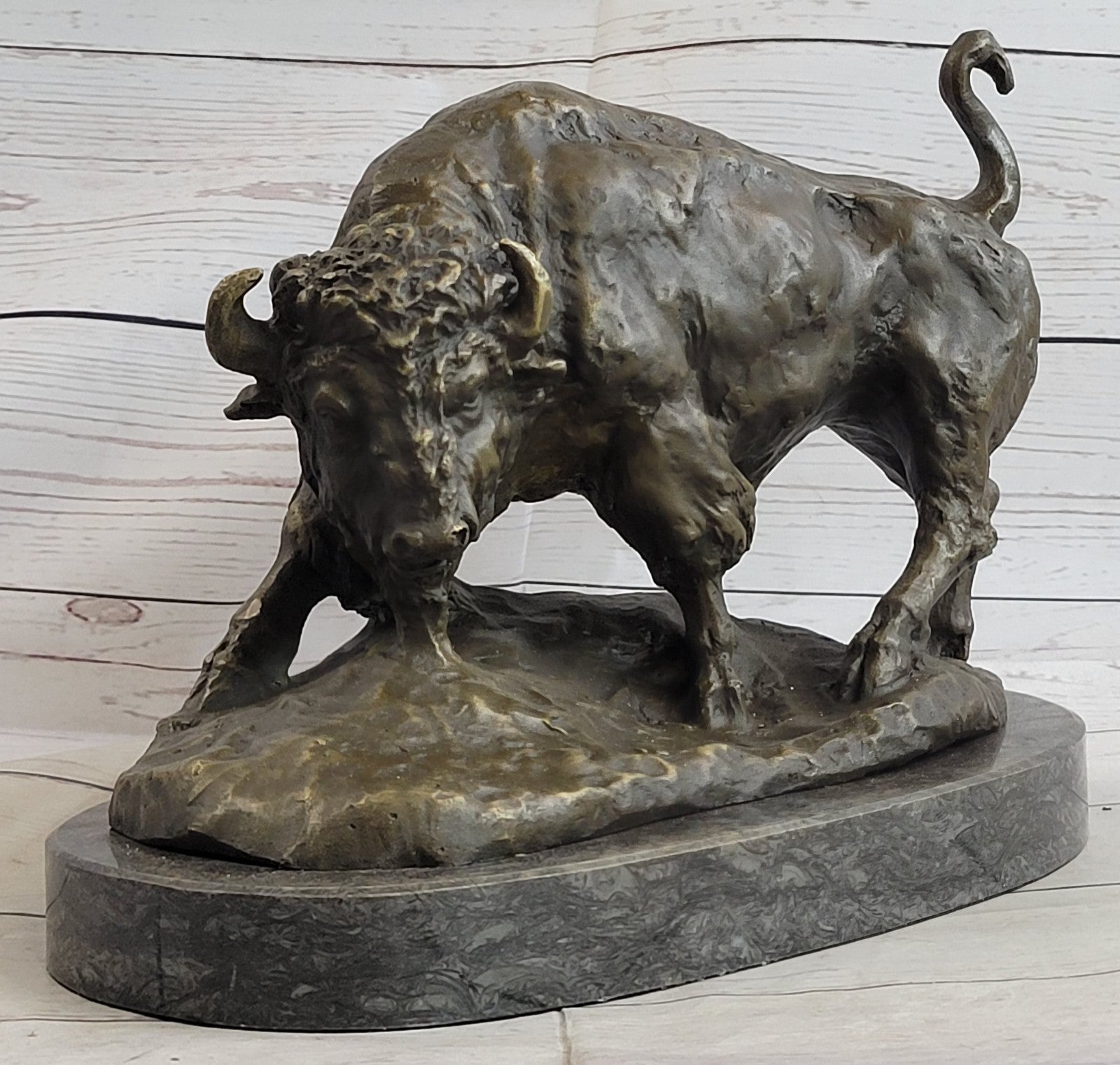 Hot Cast Bronze American Buffalo Sculpture Signed Barye Hand Made Figurine Decor