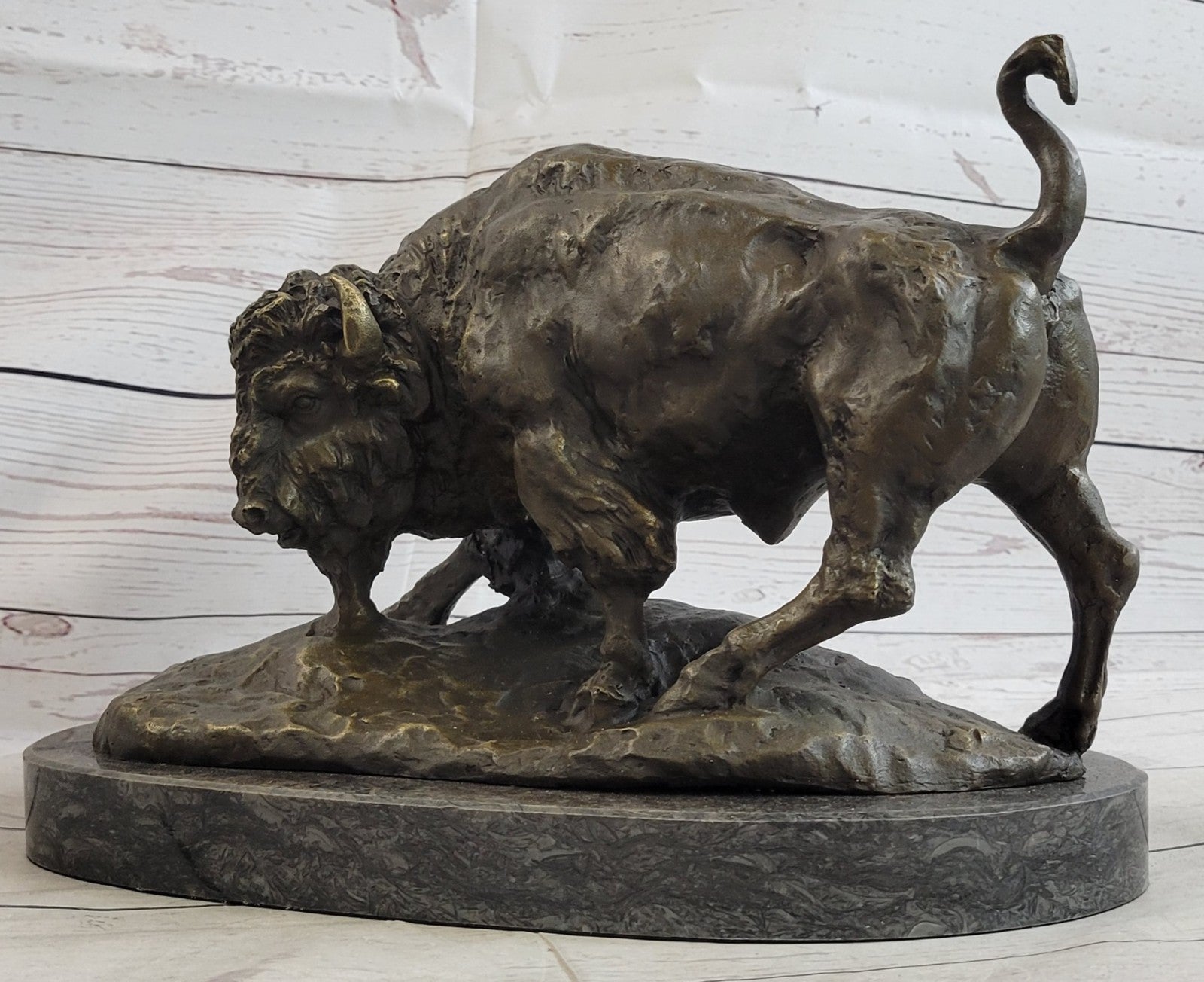 Hot Cast Bronze American Buffalo Sculpture Signed Barye Hand Made Figurine Decor