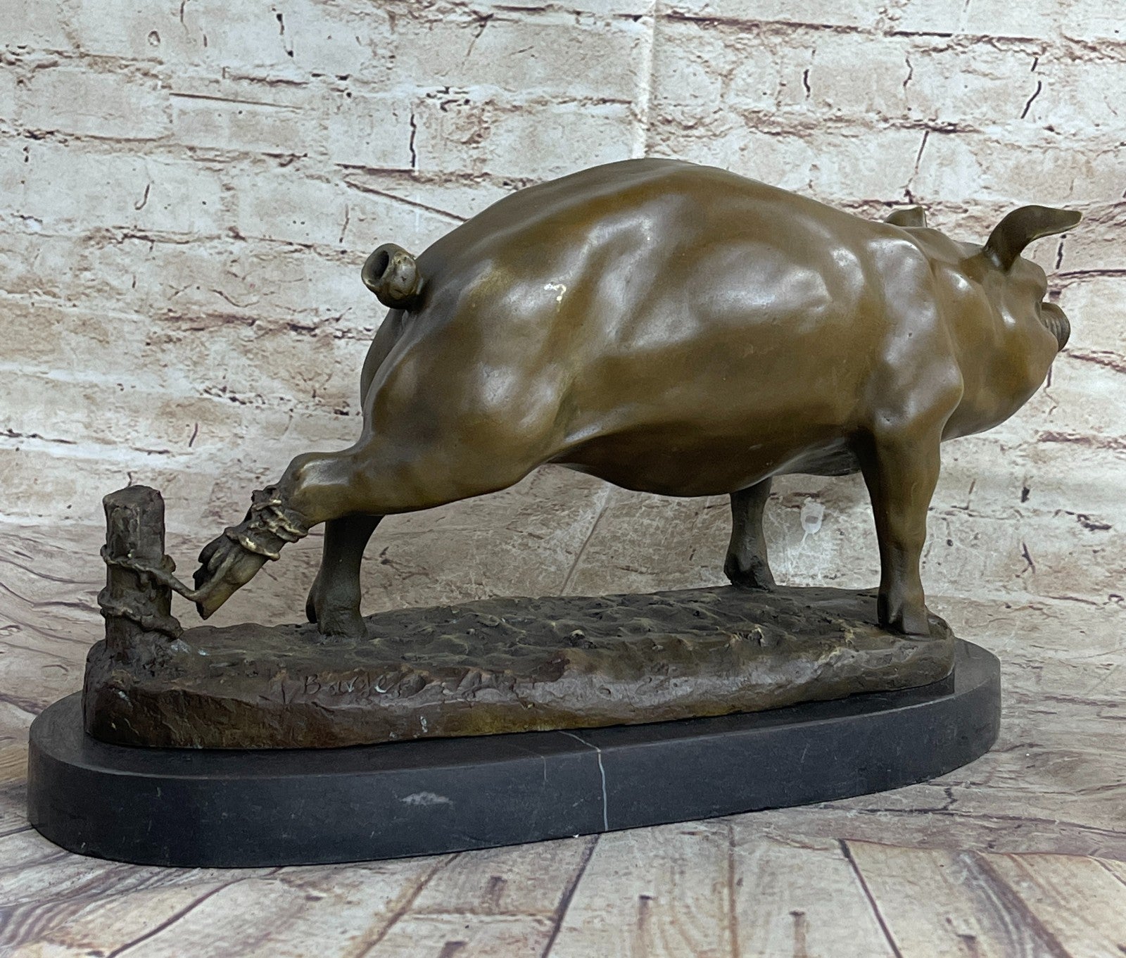 Bronze Sculpture Collectible Statue Animal SIGNED BARYE HAPPY PIG Figurine Decor