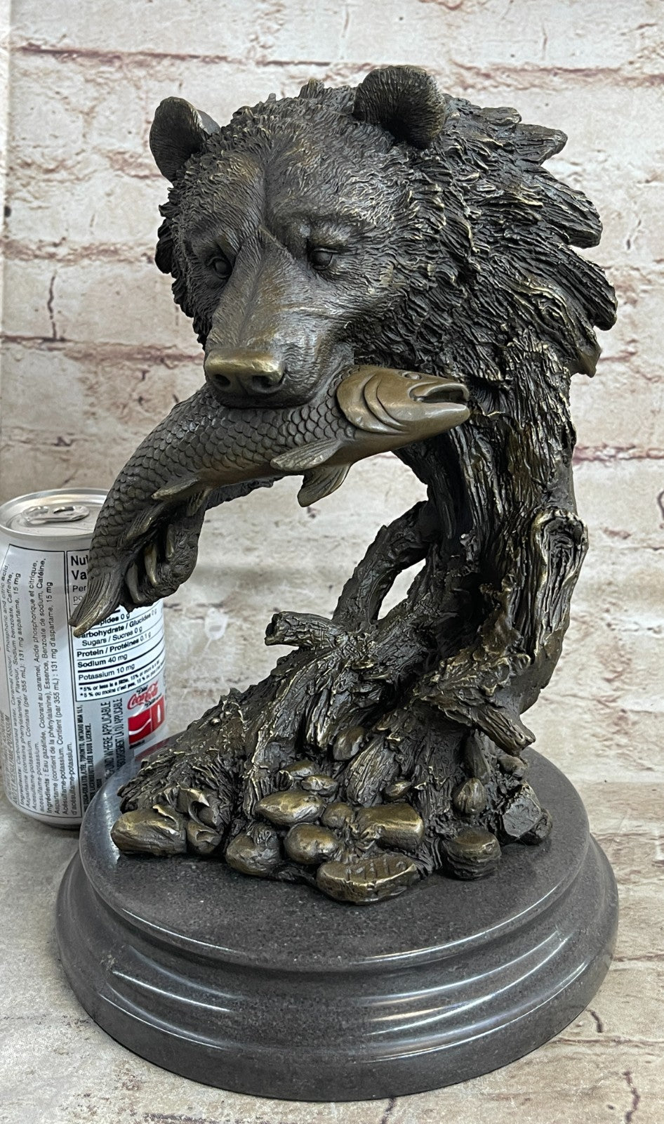 Bronze Sculpture Statue Bear Head Bust With Fish Marble Handcrafted Figurine Ar