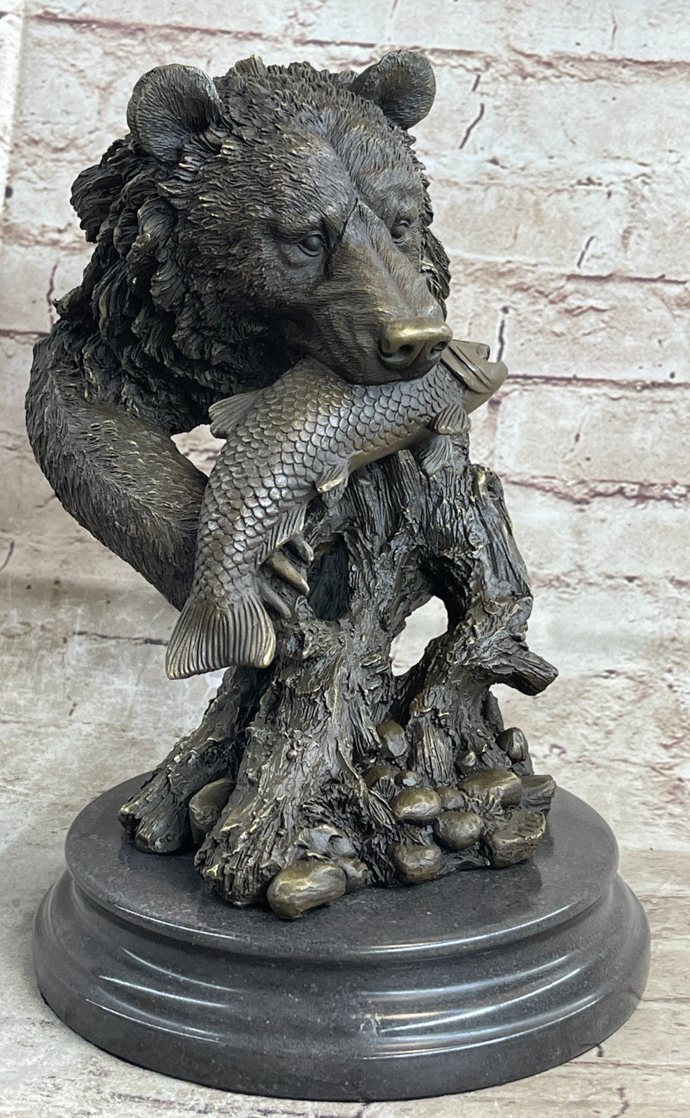 Bronze Sculpture Statue Bear Head Bust With Fish Marble Handcrafted Figurine Ar