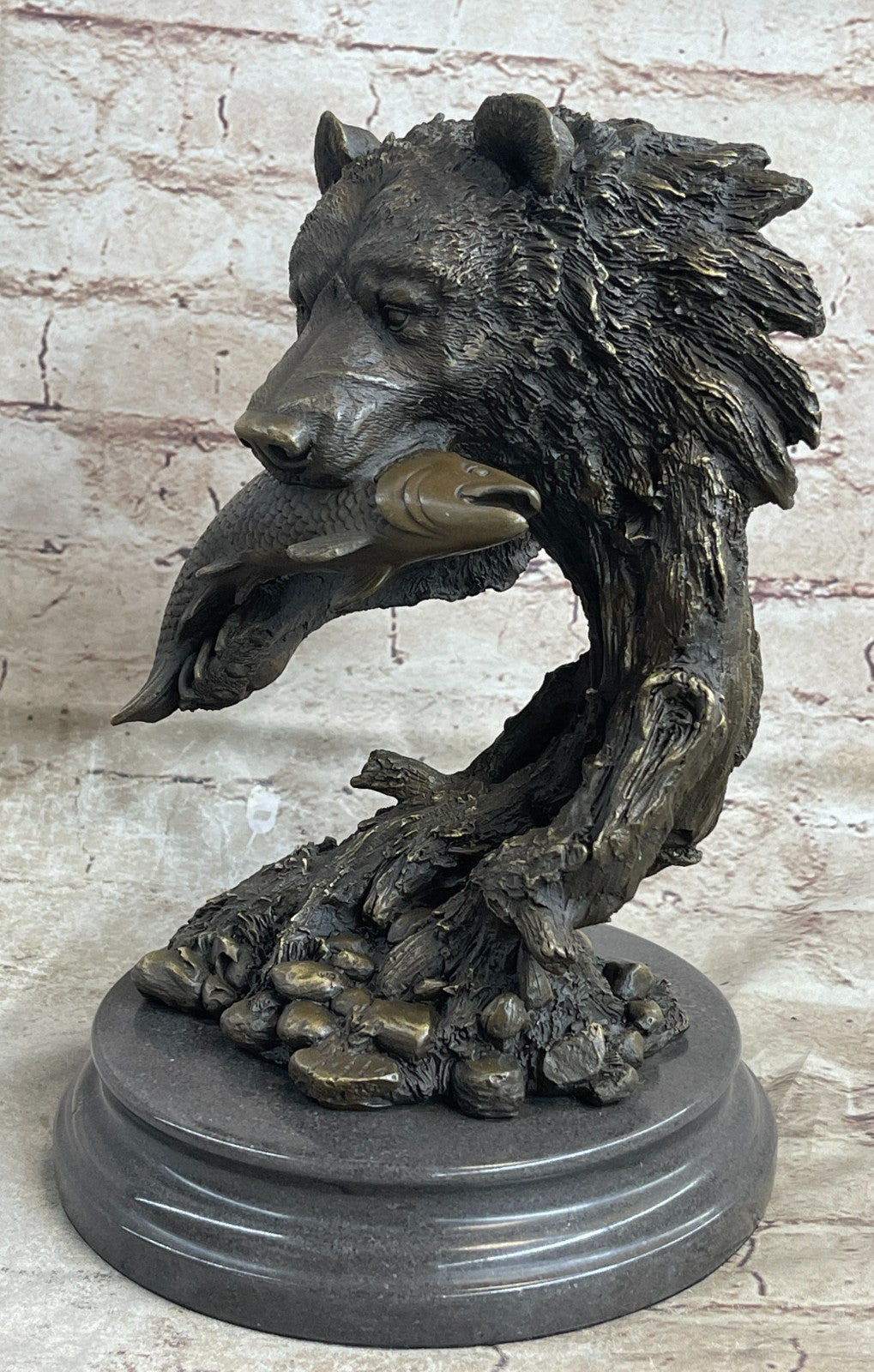 Bronze Sculpture Statue Bear Head Bust With Fish Marble Handcrafted Figurine Ar