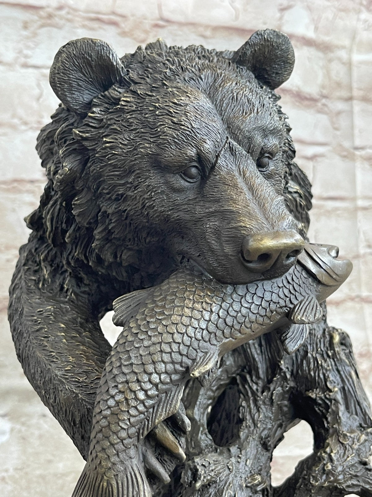 Bronze Sculpture Statue Bear Head Bust With Fish Marble Handcrafted Figurine Ar