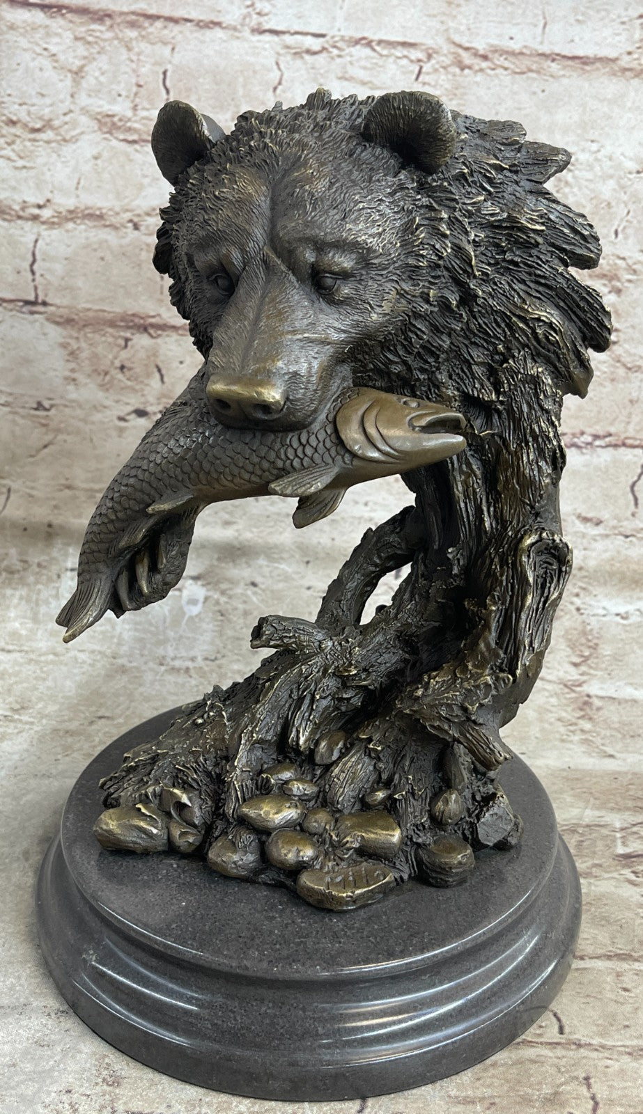 Bronze Sculpture Statue Bear Head Bust With Fish Marble Handcrafted Figurine Ar