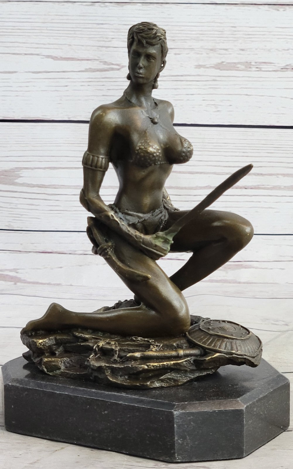 Handcrafted bronze sculpture SALE Sword With Woman Nude "Amazon" Signed Decor