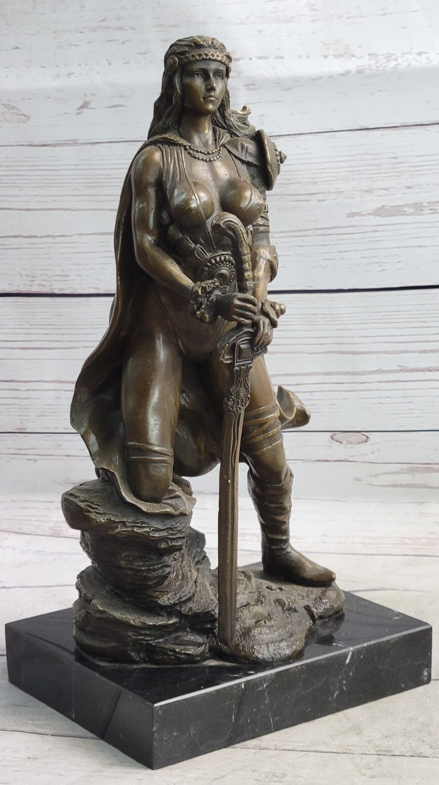 Signed Original Tough Amazon Warrior Girl Bronze Sculpture Statue Marble Figure