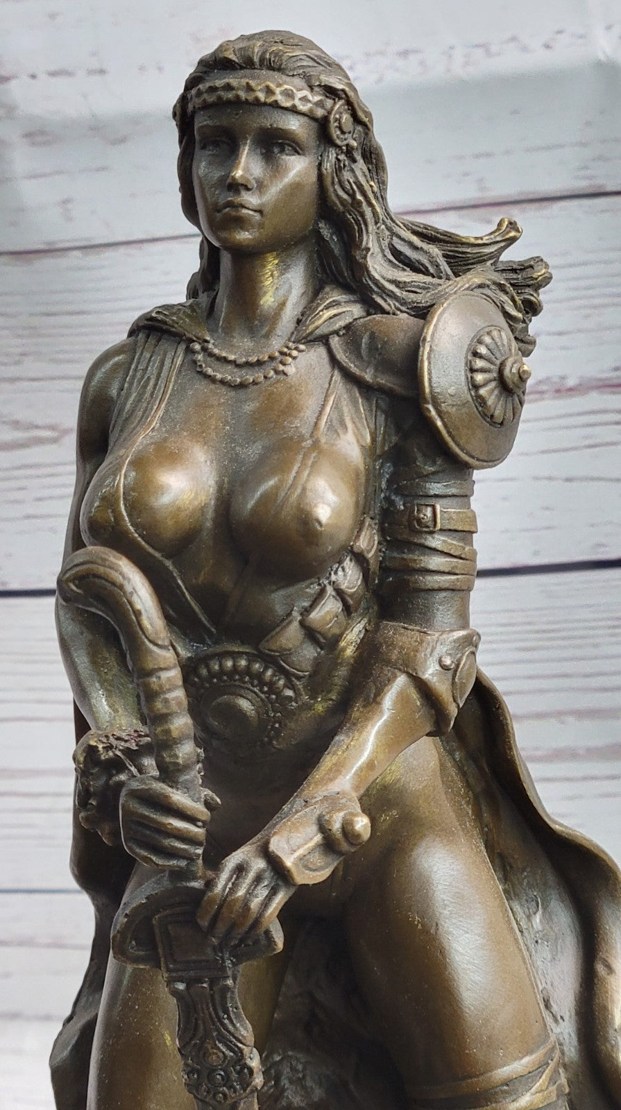 Signed Original Tough Amazon Warrior Girl Bronze Sculpture Statue Marble Figure