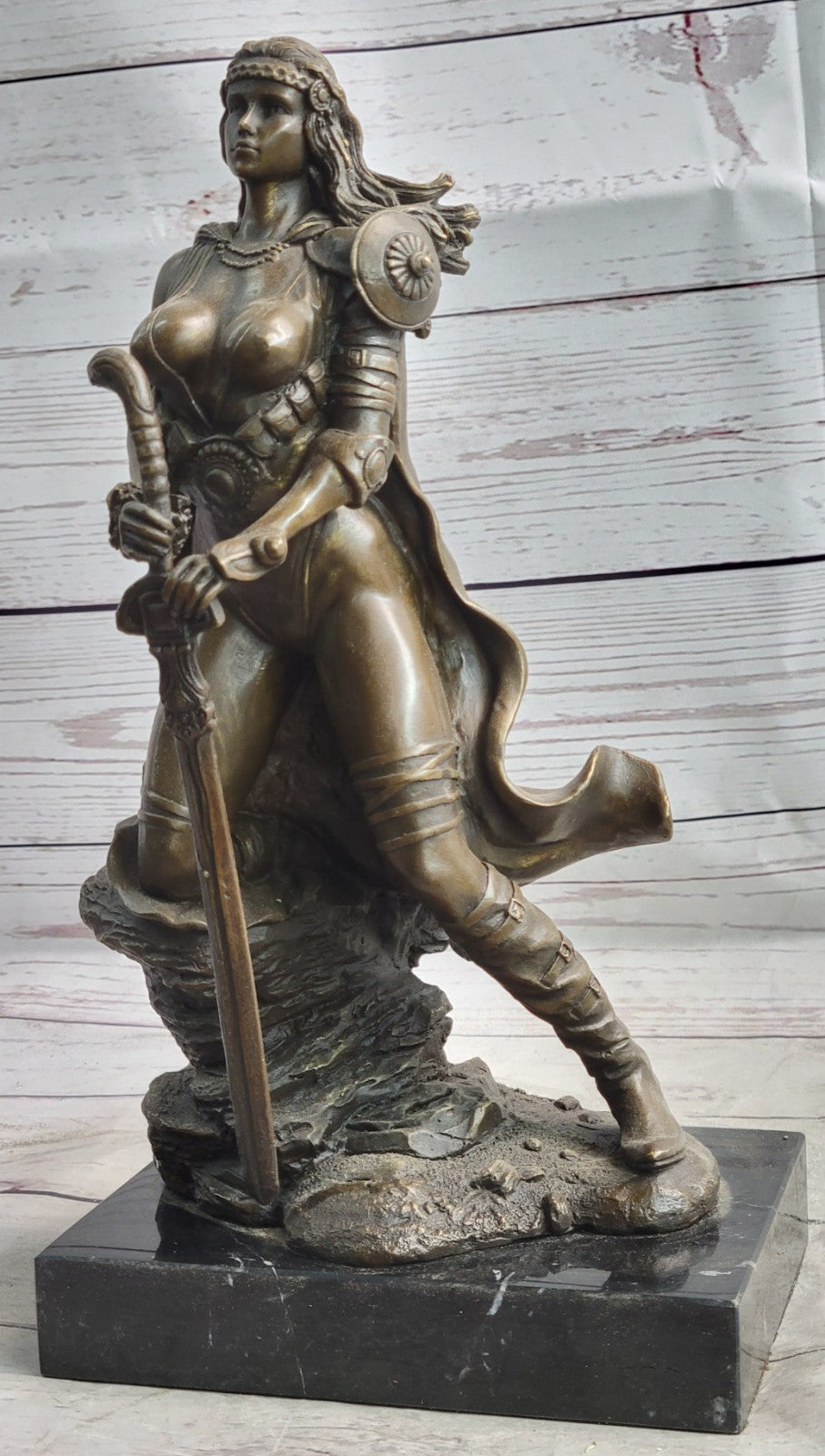 Signed Original Tough Amazon Warrior Girl Bronze Sculpture Statue Marble Figure