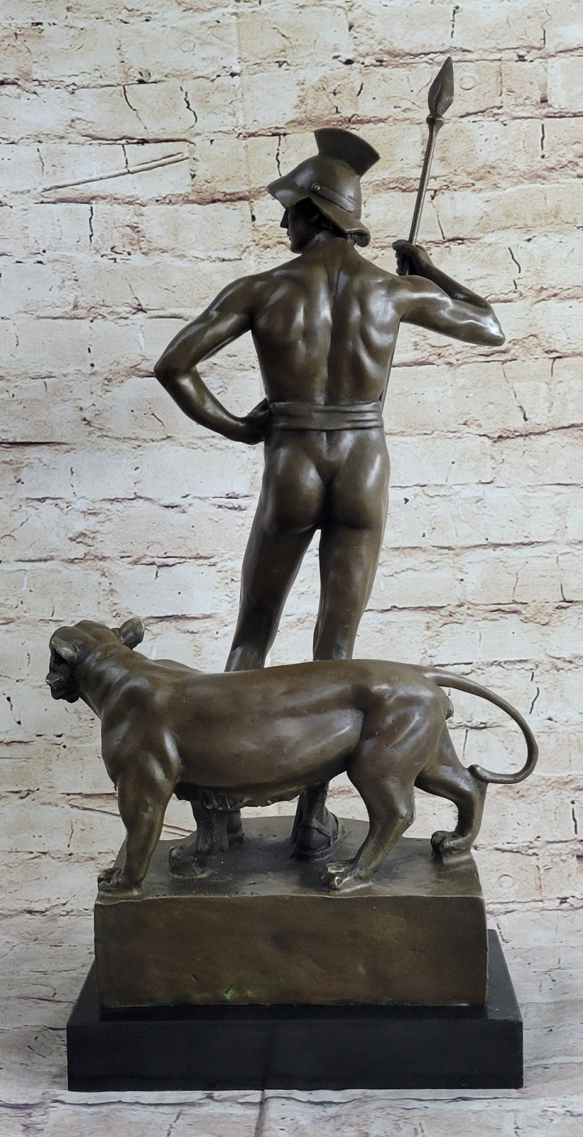 Art Deco/Nouveau Nude Male Warrior With Lion Bronze Sculpture Figurine Decoration