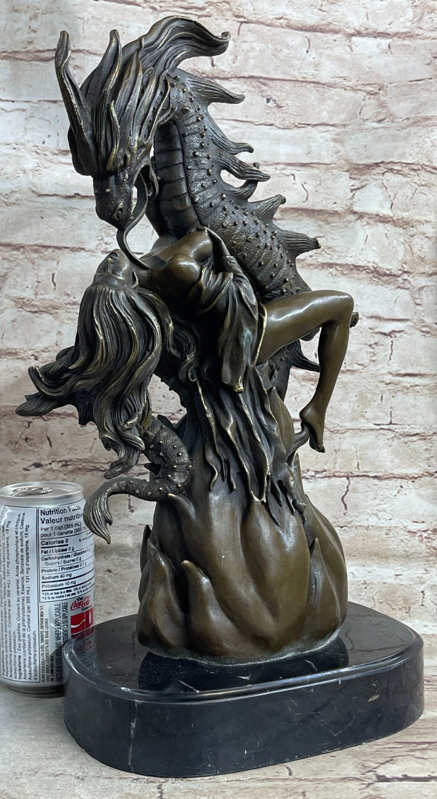 Handcrafted Hot Cast Nude Girl and Large Dragon Bronze Fantasy Sculpture Patoue