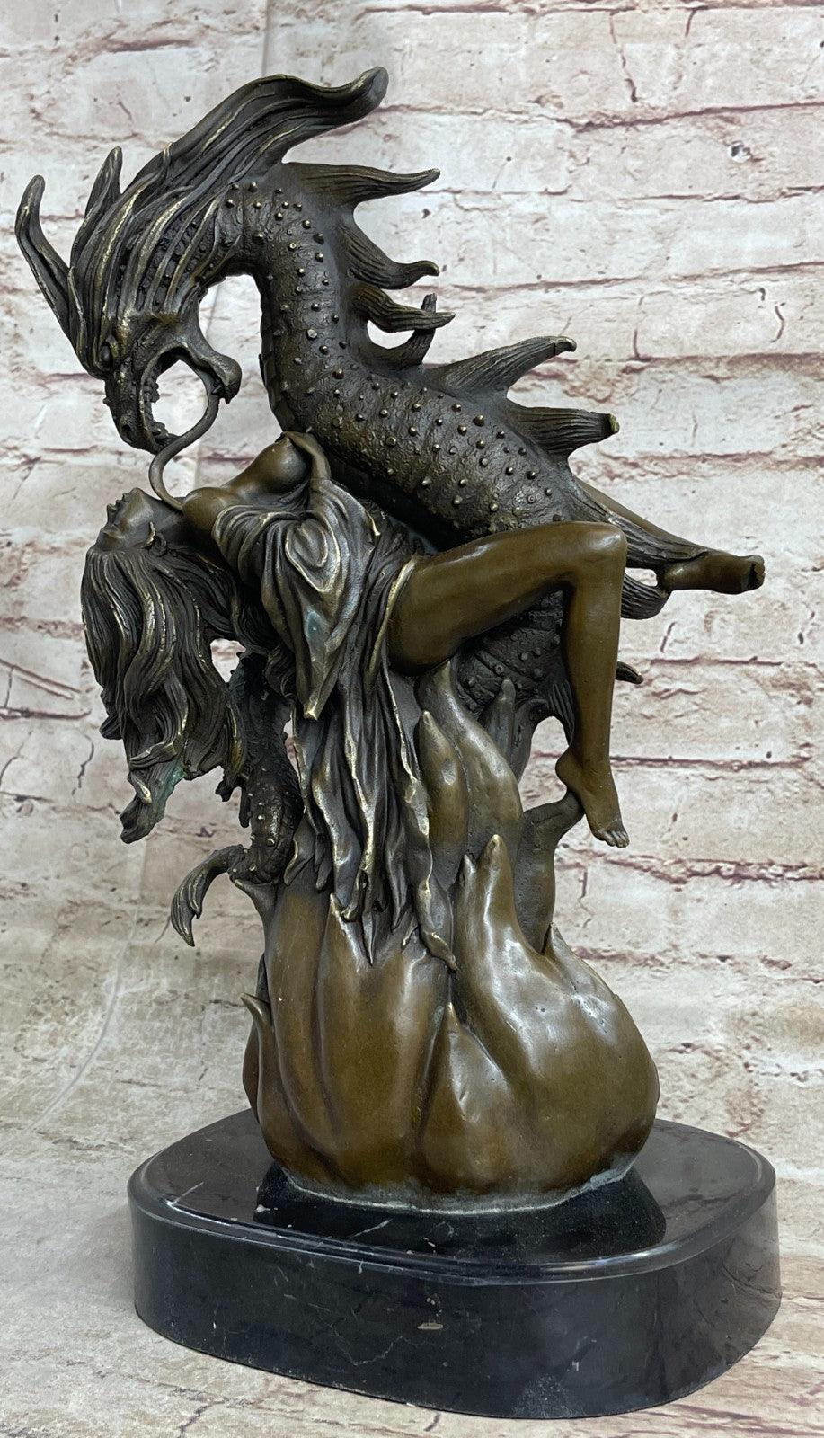 Handcrafted Hot Cast Nude Girl and Large Dragon Bronze Fantasy Sculpture Patoue