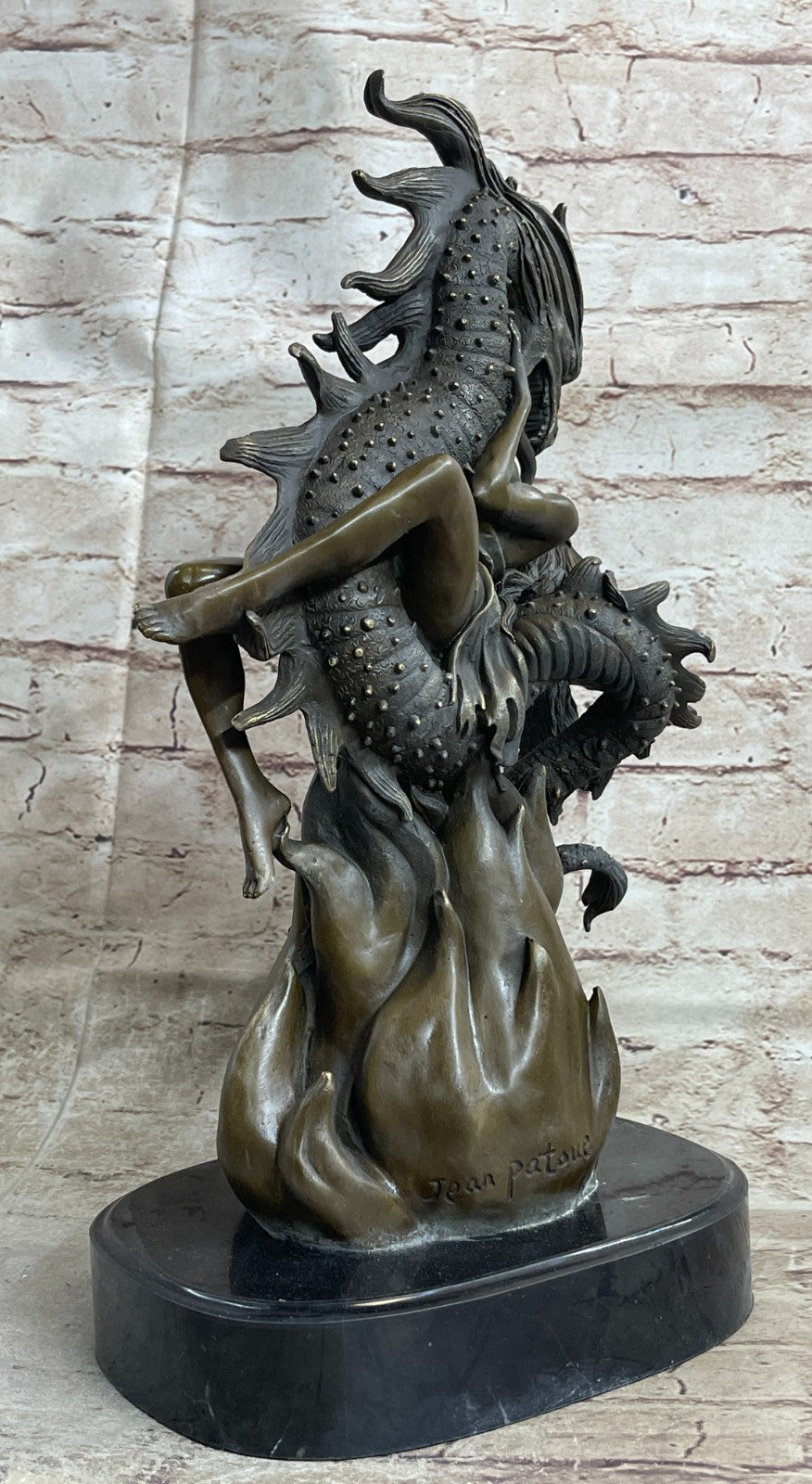 Handcrafted Hot Cast Nude Girl and Large Dragon Bronze Fantasy Sculpture Patoue