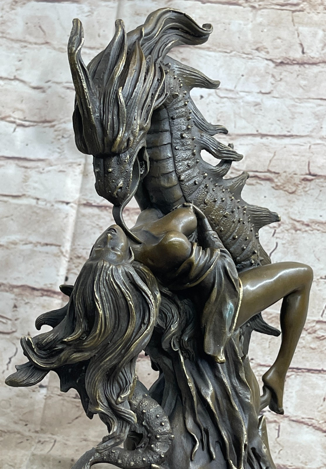 Handcrafted Hot Cast Nude Girl and Large Dragon Bronze Fantasy Sculpture Patoue